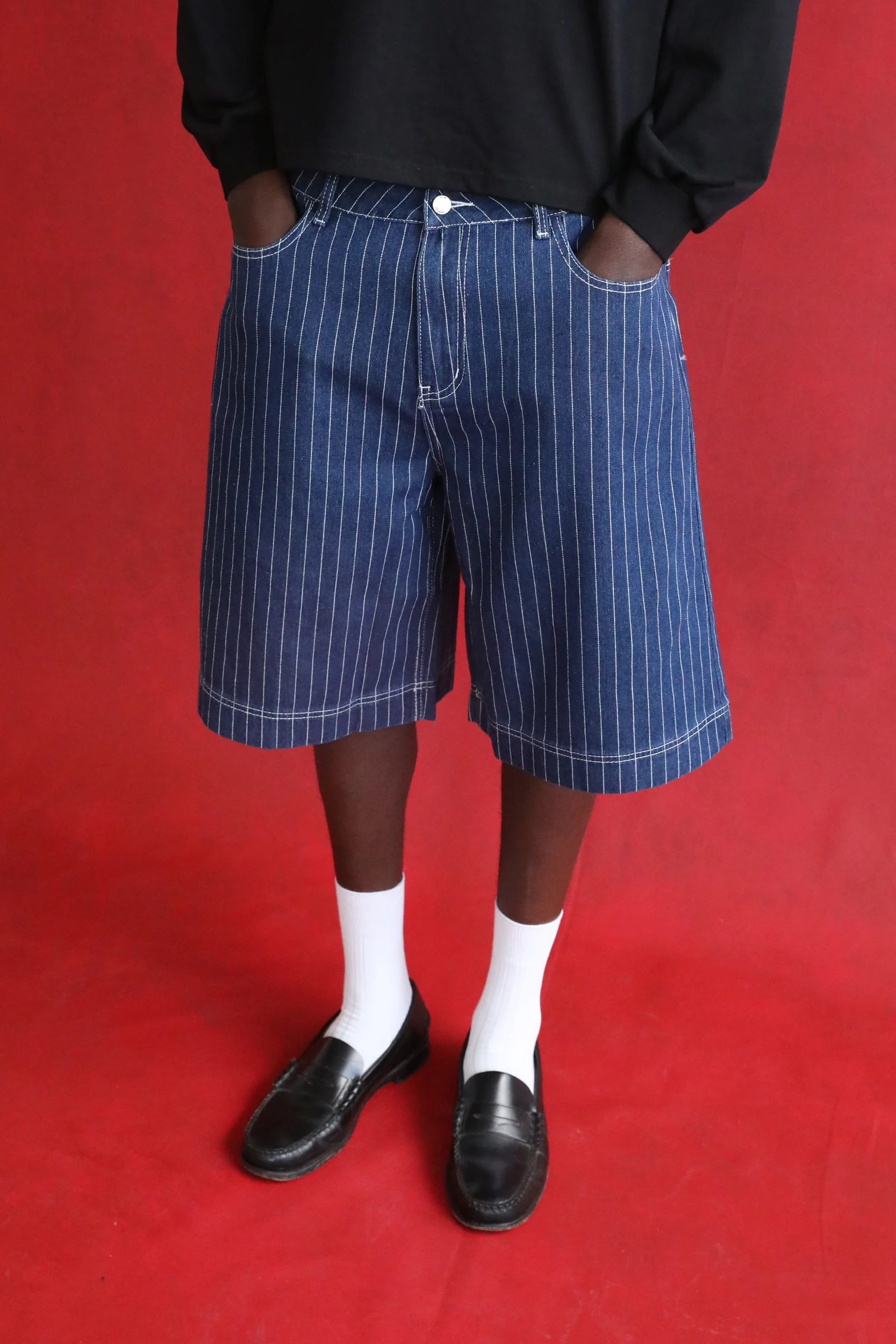 Navy Pinstripe Denim Shorts - Image 3