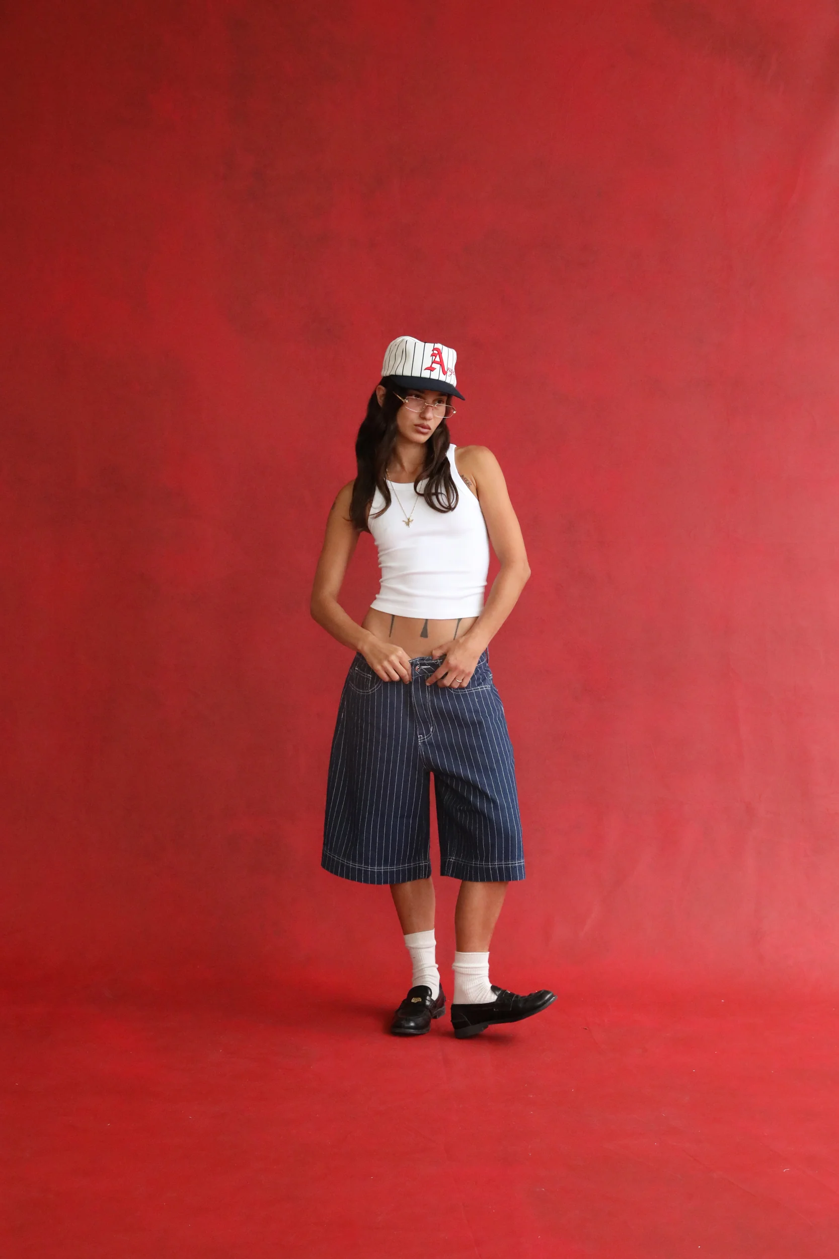 Navy Pinstripe Denim Shorts - Image 4