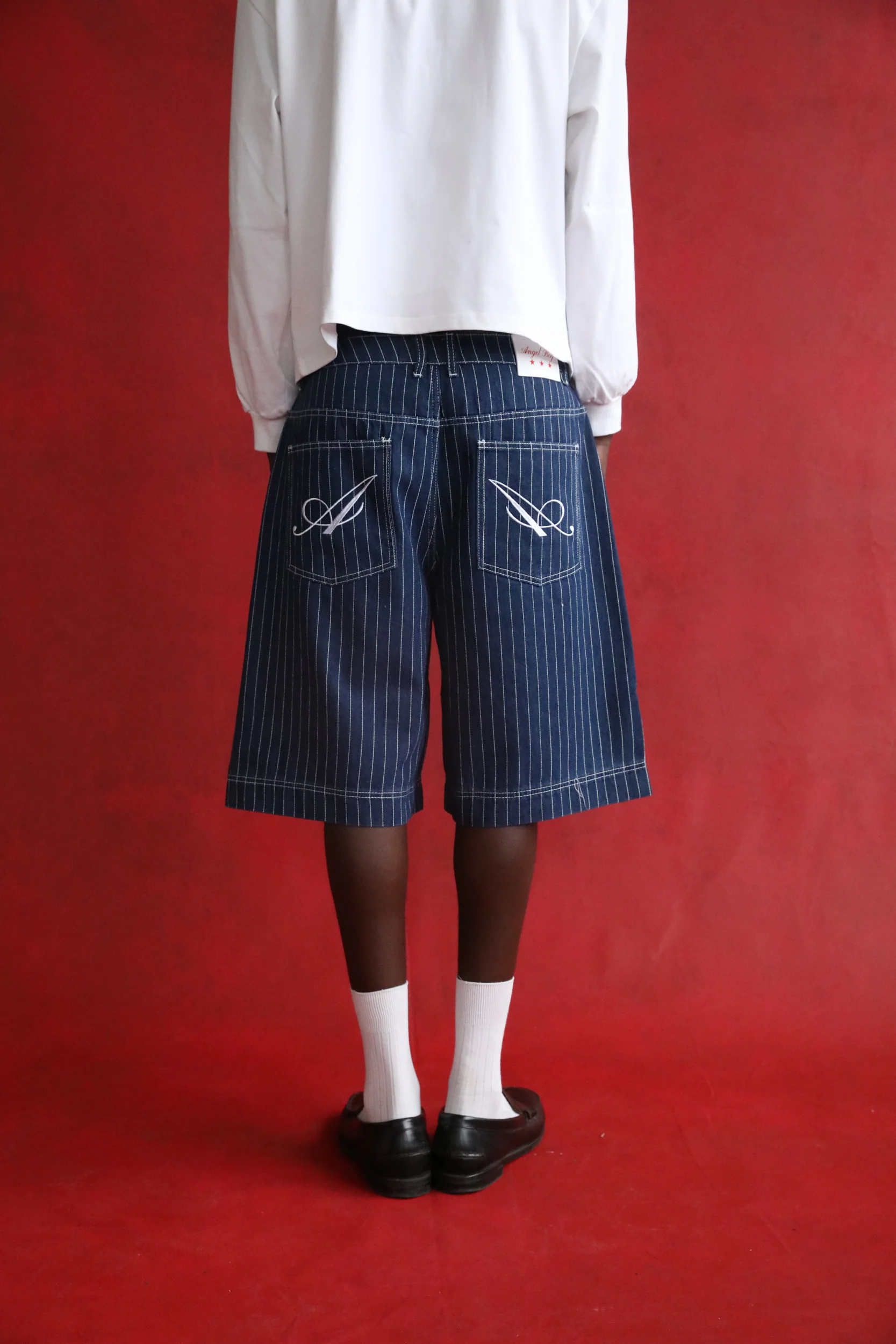 Navy Pinstripe Denim Shorts - Image 5