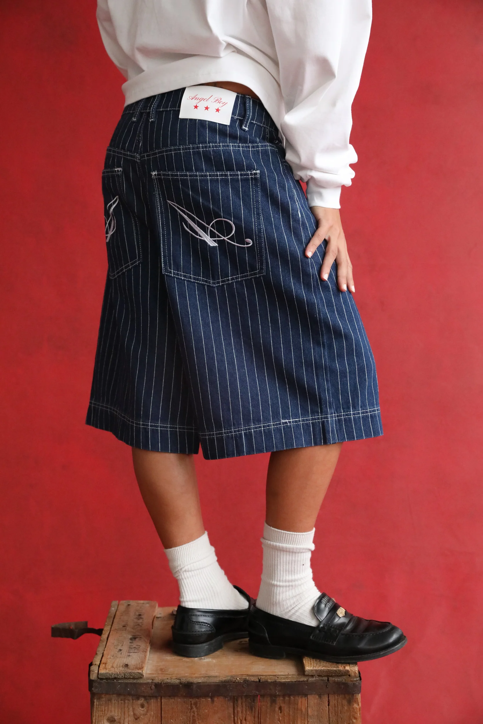 Navy Pinstripe Denim Shorts - Image 6