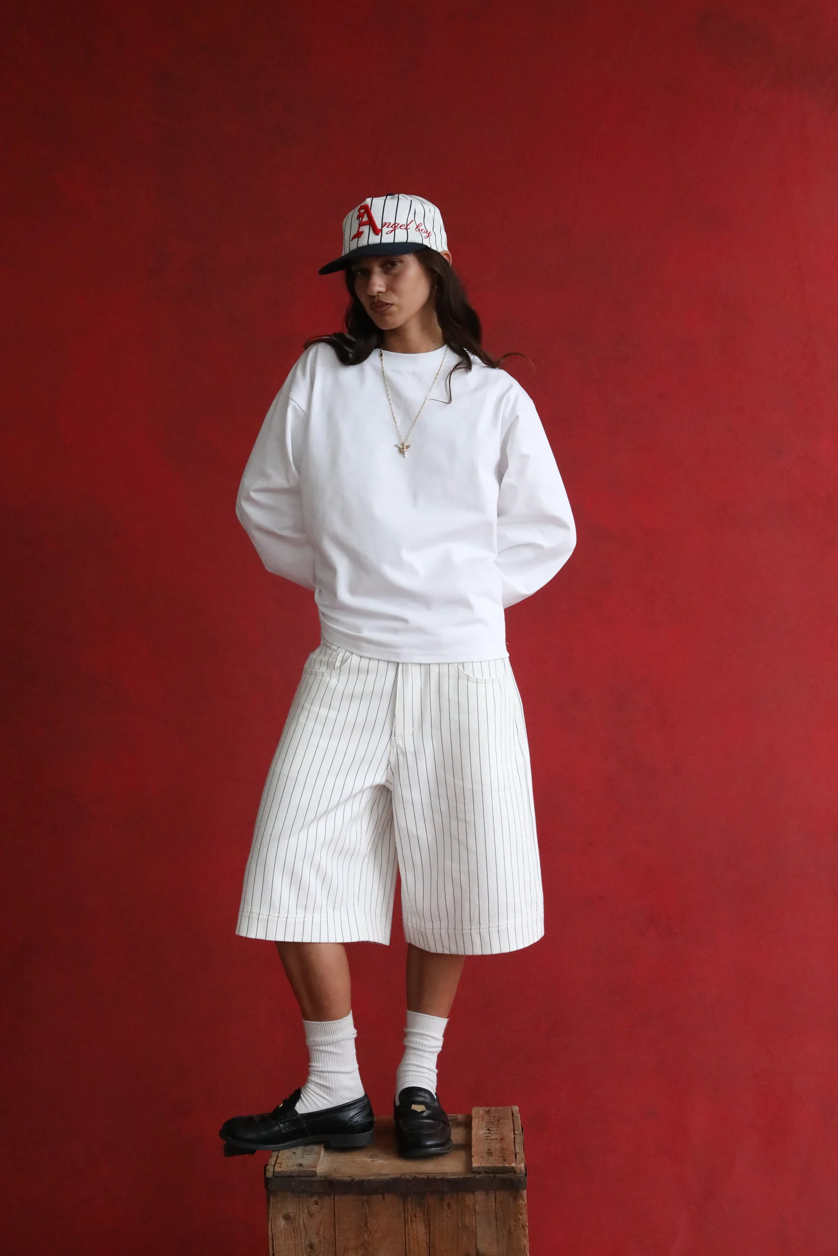 White Pinstripe Denim Shorts - Image 3