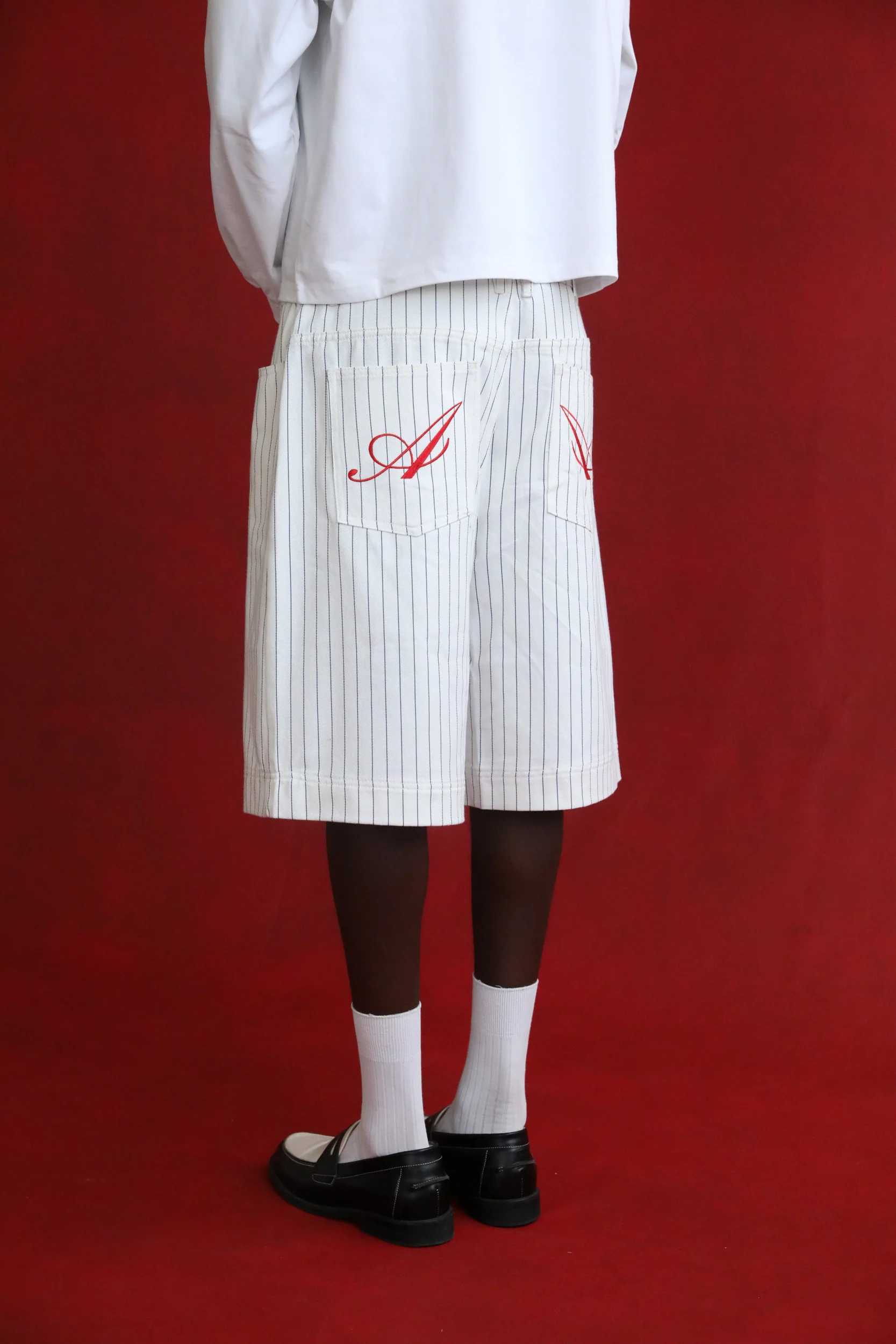 White Pinstripe Denim Shorts - Image 4