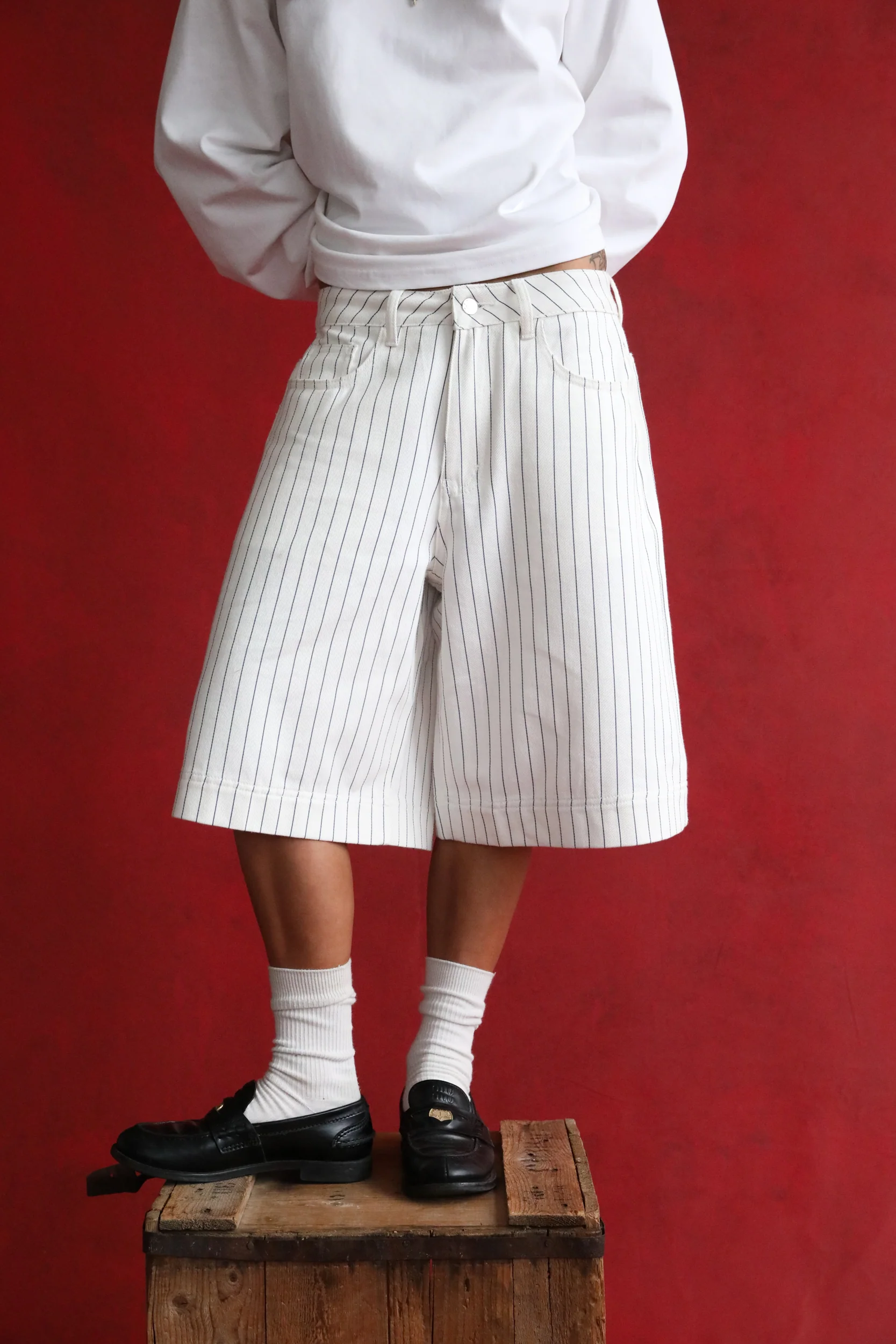 White Pinstripe Denim Shorts - Image 7