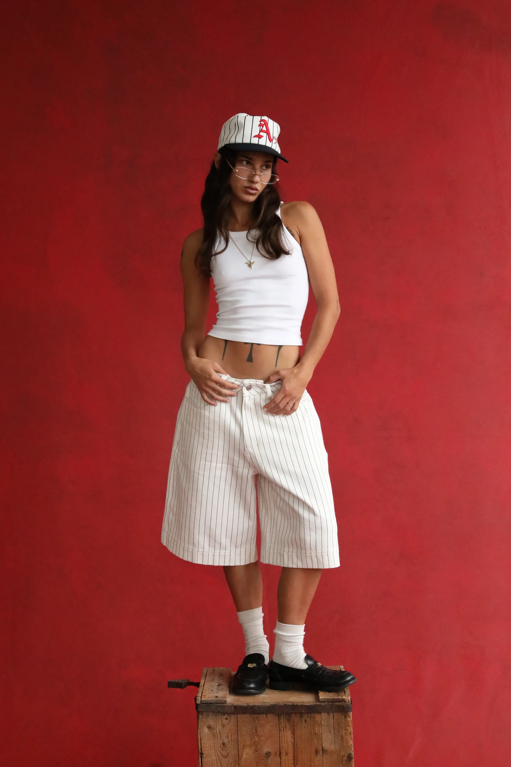 White Pinstripe Denim Shorts - Image 8